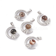 Natural Lodolite Quartz Pendants, Moon with Spaceman Charms, with Platinum Tone Brass Findings, 26x20x8.5mm, Hole: 3.5x5mm(KK-A173-18P-01)