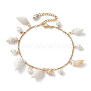 Natural Spiral Shell & Glass Pearl Charm Anklets, Golden, 8-1/4 inch(21cm)(AJEW-AN00567)