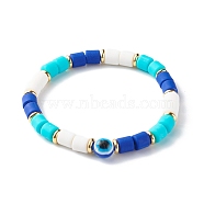 Handmade Polymer Clay Beads Stretch Bracelets, with Resin Beads and Brass Spacer Beads, Evil Eye, Royal Blue, 1/4 inch(0.6cm), Inner Diameter: 2-1/8 inch(5.4cm)(BJEW-JB06486)
