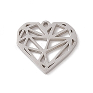 304 Stainless Steel Pendants, Hollow, Heart with Triangle Pattern Charm, Stainless Steel Color, 18.5x20x1.3mm, Hole: 1.6mm(STAS-G297-03P)