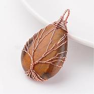 Natural Tiger Eye Pendants, teardrop, with Rose Gold Tone Brass Findings, 48~55x30~32x10~12mm, Hole: 4~7x8~12mm(G-K122-07RG)