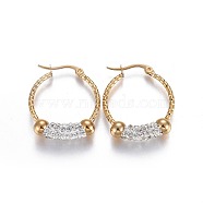 Golden Tone 304 Stainless Steel Hoop Earrings, with Polymer Clay Rhinestone, Ring, Crystal, 28x24.5x6mm, Pin: 0.6mm(EJEW-L223-008G)