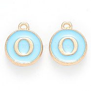 Golden Plated Alloy Enamel Charms, Cadmium Free & Lead Free, Enamelled Sequins, Flat Round, Sky Blue, Letter.O, 14x12x2mm, Hole: 1.5mm(ENAM-S118-04O)