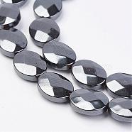 Non-magnetic Synthetic Hematite Beads Strands, Faceted, Flat Oval, 10x8x3.5mm, Hole: 1mm, about 41pcs/strand, 16.33 inch(G-F396-10-8x10mm)