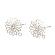 Brass Stud Earring Findings, with Loop, Flower, Nickel Free, Real Platinum Plated, 11.5x10mm, Hole: 1mm, pin: 0.7mm(KK-S345-256B)