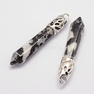Natural Zebra Jasper Big Pointed Pendants, with Alloy Findings, Bullet, Platinum, 57~63x13x10mm, Hole: 3x4mm(G-D860-C13-P)