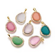 (Holiday Stock-Up Sale)Electroplate Cat Eye Pendants, with Brass Findings, Edge Golden Plated, Faceted, Teardrop, Mixed Color, 29~29.5x21.5~22.5x4~4.5mm, Hole: 4.5x7.5mm(CE-K003-G)