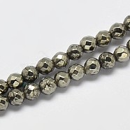 Natural Pyrite Round Beads Strands, Faceted, Grade A, 3mm, Hole: 1mm, about 130pcs/strand, 16 inch(G-F197-09-3mm)