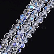 Glass Beads Strands, Rondelle, White, AB Color Plated, about 10mm in diameter, 7mm thick, hole: 1mm, about 70~72pcs/strand, 18 inch/strand(GR10MMY-28)