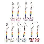 Glass Butterfly Dangle Earrings, 304 Stainless Steel Long Drop Earrings, Mixed Color, 55x14.5mm(EJEW-JE05589)