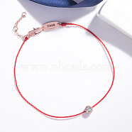 Brass with Cubic Zirconia Flat Round Beaded Bracelet, with Red Cords, Rose Gold, 7-1/8 inch(18cm)(FIND-PW0024-13A)