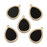 Natural Obsidian Pendants, Teardrop Charms with Rack Plating Gloden Tone Brass Micro Pave Clear Cubic Zirconia Findings, 20.5x15x2mm, Hole: 1mm(G-E609-03G-02)