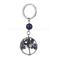 Natural Lapis Lazuli Chips Flat Round with Tree of Life Kcychain, with 304 Stainless Steel Findings, 8cm(KEYC-JKC00563-01)