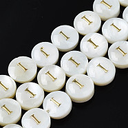 Natural Freshwater Shell Beads, with Enamel, Horizontal Hole, Flat Round with Alphabet, Letter.I, 8x3.5~4.5mm, Hole: 0.5mm, about 40pcs/strand, 12.20~12.60inch(31~32cm)(SHEL-S276-168I)