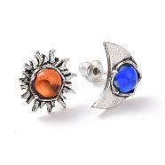 Resin Beaded Sun & Moon Asymmetrical Earrings, Retro Alloy Stud Earrings for Women, Mixed Color, 14x13mm and 14.5x10.5mm, Pin: 0.7mm(EJEW-B015-01)
