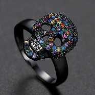 Cubic Zirconia Skull Finger Ring, Electrophoresis Black Plated Brass Gothic Punk Jewelry for Women, Colorful, US Size 6(16.5mm)(SKUL-PW0002-032A-02EB)