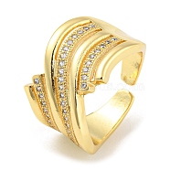 Brass Micro Pave Cubic Zirconia Open Cuff Ring, Twist Wave, Real 16K Gold Plated, Inner Diameter: 17.6mm(RJEW-C033-13G)