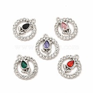 Rack Plating Alloy Glass Pendants, with ABS Plastic Imitation Pearl, Cadmium Free & Nickel Free & Lead Free, Flat Round with Tulip, Platinum, Mixed Color, 20.5x18x4mm, Hole: 1.6mm(FIND-G054-11P)