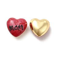 Brass Enamel Beads, Real 18K Gold Plated, Long-Lasting Plated, Heart with Word Mom, Red, 17.5x18x10mm, Hole: 2mm(KK-P222-04G-03)