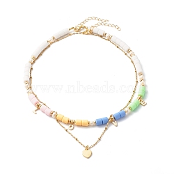 Polymer Clay Beaded Necklace Set, with Pearl & Brass Beads and 304 Stainless Steel Cable Chains, Heart & Love, Colorful, 16.14 inch(41cm),  17.72 inch(45cm), 2pcs/set(NJEW-JN03621)
