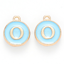 Golden Plated Alloy Enamel Charms, Cadmium Free & Lead Free, Enamelled Sequins, Flat Round, Sky Blue, Letter.O, 14x12x2mm, Hole: 1.5mm(ENAM-S118-04O)