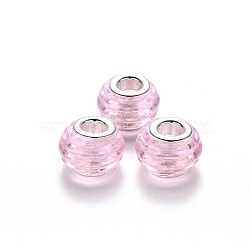 Handmade Lampwork European Beads, Beehive Beads, Large Hole Beads, with Platinum Tone Brass Double Cores, Rondelle, Pink, 14x9~10mm, Hole: 5mm(X-LPDL-N001-002)