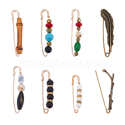 8Pcs 8 Style Branch & Feather & Bamboo Shape Alloy & Iron Safety Pin Brooches, Resin & Acrylic Imitation Gemstone Beaded Badges for Backpack Clothes, Mixed Color, 58~87.5x15.5~21x3~20mm, 1Pc/style(JEWB-NB0001-15)