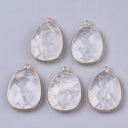 Natural Quartz Crystal Pendants, with Golden Plated Edge Brass Findings, Nickel Free, Faceted, Oval, 25~26x17~18x5mm, Hole: 1.4mm(X-G-T131-08J)