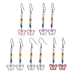 Glass Butterfly Dangle Earrings, 304 Stainless Steel Long Drop Earrings, Mixed Color, 55x14.5mm(EJEW-JE05589)