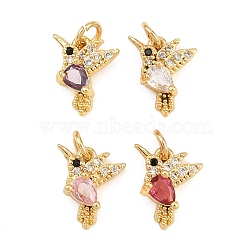 Brass Micro Pave Cubic Zirconia Charms, with Jump Ring, Hummingbird Charms, Real 18K Gold Plated, Mixed Color, 10x9x3.5mm, Hole: 2.3mm, Jump Ring: 4x0.7mm(KK-Q085-06G)