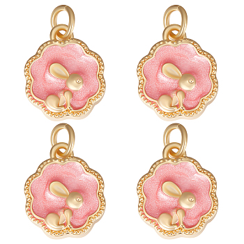 5Pcs Brass Enamel Charms, with Jump Rings, Nickel Free, Real 18K Gold Plated, Flower with Rabbit, Light Coral, 13.5x11x3.5mm, Jump Ring: 5x1mm, 3mm inner diameter
