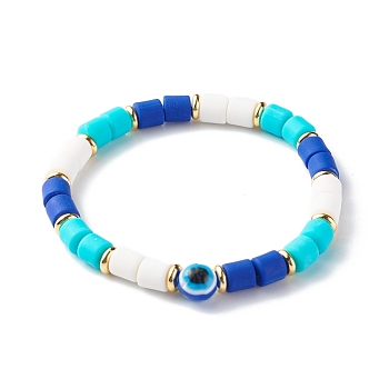 Handmade Polymer Clay Beads Stretch Bracelets, with Resin Beads and Brass Spacer Beads, Evil Eye, Royal Blue, 1/4 inch(0.6cm), Inner Diameter: 2-1/8 inch(5.4cm)