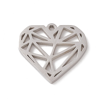 304 Stainless Steel Pendants, Hollow, Heart with Triangle Pattern Charm, Stainless Steel Color, 18.5x20x1.3mm, Hole: 1.6mm