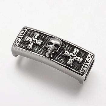 304 Stainless Steel Slide Charms, Rectangle with Skull, Antique Silver, 39x15x14mm, Hole: 7x12mm