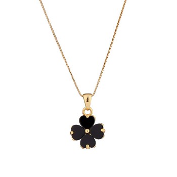 Natural Black Onyx Clover Pendant Necklace, 925 Sterling Silver Jewelry for Women, Golden, 15.75 inch(40cm)