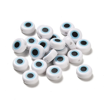 Spray Painted Acrylic Beads, Flat Round with Eye, Black, 10x5mm, Hole: 1.8mm