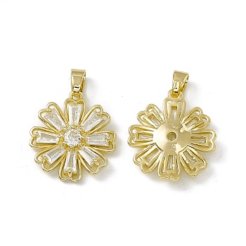 Rack Plating Brass Cubic Zirconia Pendants, Flower Charm, Cadmium Free & Lead Free, Long-Lasting Plated, Real 18K Gold Plated, Clear, 22x20x4mm, Hole: 3.5x5.5mm