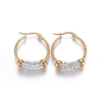 Golden Tone 304 Stainless Steel Hoop Earrings, with Polymer Clay Rhinestone, Ring, Crystal, 28x24.5x6mm, Pin: 0.6mm