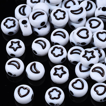 Opaque Acrylic Beads, Flat Round with Moon or Star or Heart, White, 7x4mm, Hole: 1.8mm, about 3677pcs/500g