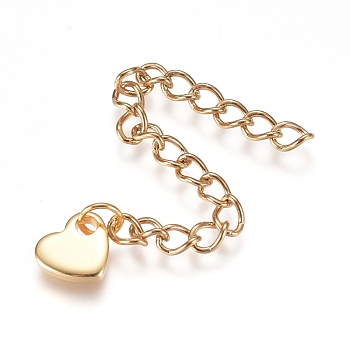 304 Stainless Steel Chain Extender, Curb Chain, with Charms, Heart, Golden, 60mm, link: 4x3x0.5mm, charm: 6x7x1.3mm.