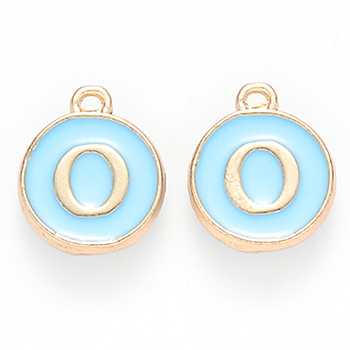 Golden Plated Alloy Enamel Charms, Cadmium Free & Lead Free, Enamelled Sequins, Flat Round, Sky Blue, Letter.O, 14x12x2mm, Hole: 1.5mm