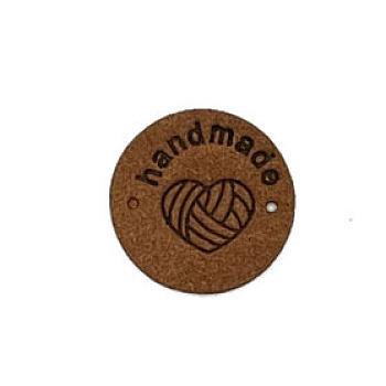 Microfiber Knitting Heart Label Tags, Clothing Handmade Labels, for DIY Jeans, Bags, Shoes, Hat Accessories, Flat Round, Saddle Brown, 25mm