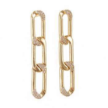 Brass Micro Pave Clear Cubic Zirconia Dangle Stud Earrings, with Ear Nuts, Long-Lasting Plated, Curb Chain Shape, Real 18K Gold Plated, 45x8mm, Pin: 0.8mm