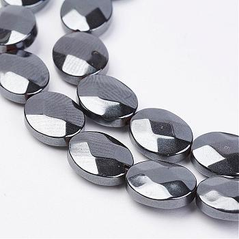 Non-magnetic Synthetic Hematite Beads Strands, Faceted, Flat Oval, 10x8x3.5mm, Hole: 1mm, about 41pcs/strand, 16.33 inch