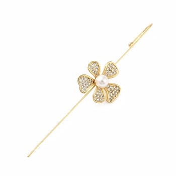 Cubic Zirconia Flower with Imitation Pearl Stud Earrings, Real 18K Gold Plated Brass Ear Wrap Crawler Hook Earrings, Earcuffs for Women, Lead Free & Cadmium Free, Clear, 73x17x6mm, Pin: 0.7mm