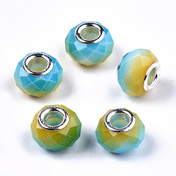 Baking Painted Glass European Beads, Large Hole Rondelle Beads, with Platinum Tone Brass Double Cores, Two Tone, Faceted, Deep Sky Blue, 14x10.5mm, Hole: 5mm