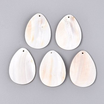 Natural Freshwater Shell Pendants, Teardrop Charms, Blanched Almond, 49x35x2~3mm, Hole: 1.8~2mm