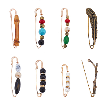 8Pcs 8 Style Branch & Feather & Bamboo Shape Alloy & Iron Safety Pin Brooches, Resin & Acrylic Imitation Gemstone Beaded Badges for Backpack Clothes, Mixed Color, 58~87.5x15.5~21x3~20mm, 1Pc/style