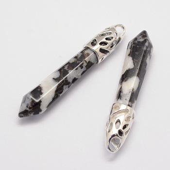 Natural Zebra Jasper Big Pointed Pendants, with Alloy Findings, Bullet, Platinum, 57~63x13x10mm, Hole: 3x4mm