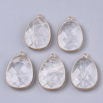 Natural Quartz Crystal Pendants, Rock Crystal Pendants, with Golden Plated Edge Brass Findings, Nickel Free, Faceted, Oval, 25~26x17~18x5mm, Hole: 1.4mm